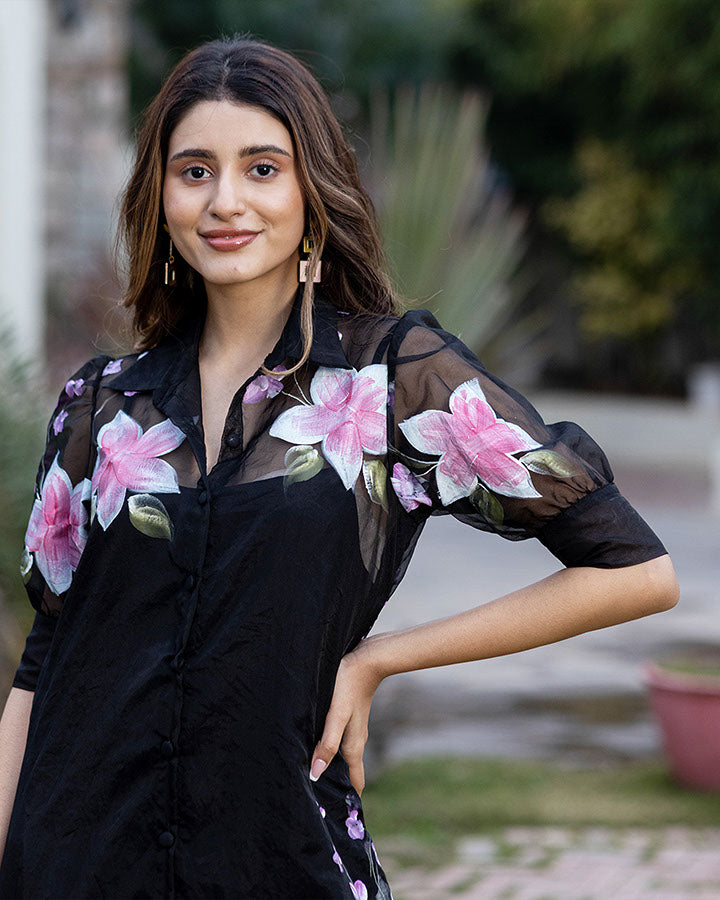 BLACK ORGANZA SHIRT DRESS