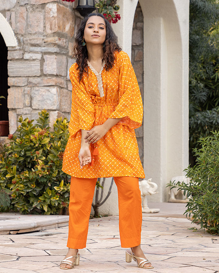 ORANGE LEHERIYA KAFTAN SET