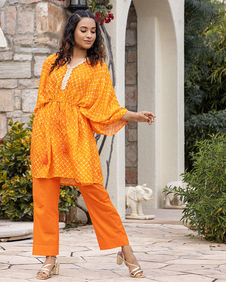 Orange Leheriya Kaftan Set