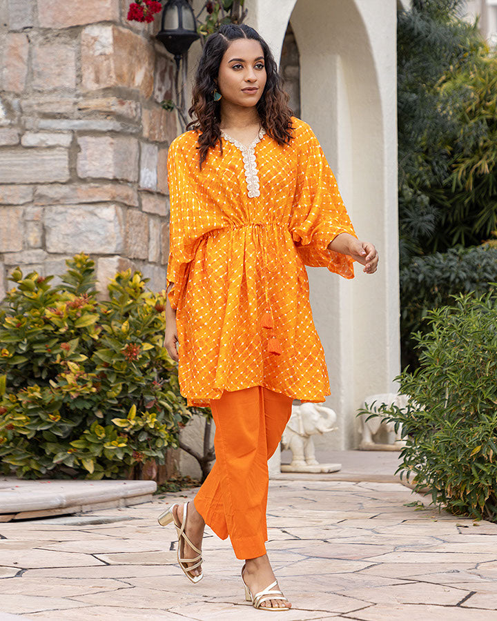 ORANGE LEHERIYA KAFTAN SET