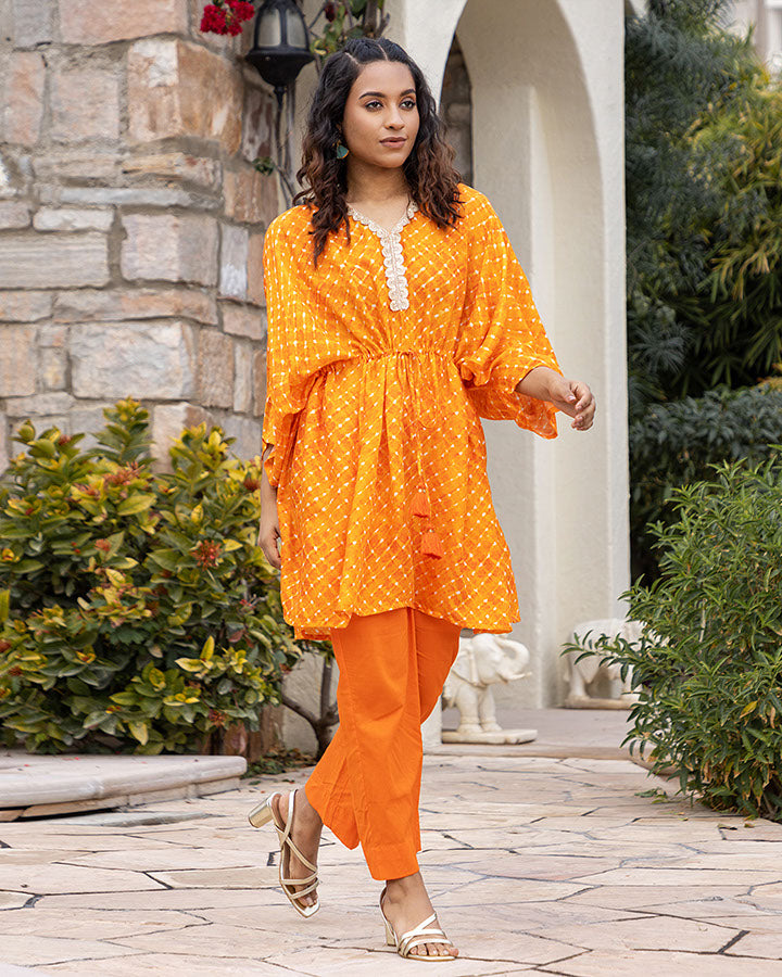 Orange Leheriya Kaftan Set