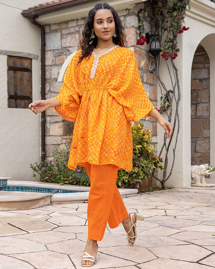 Orange Leheriya Kaftan Set