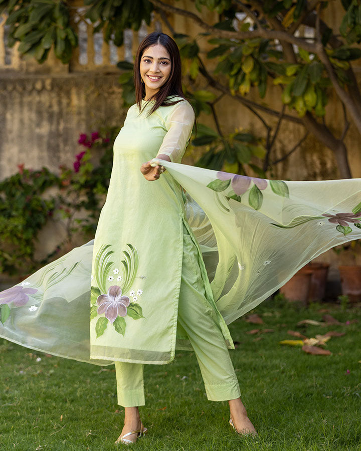 Buy Aarohi Mint Green Handpainted Suit Set Online In India