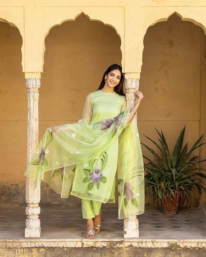 Elegant mint green organza suit with delicate handcrafted details