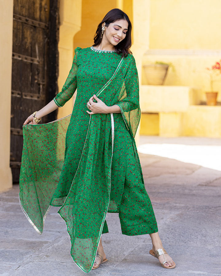 Elegant Green Chiffon Akila Chiffon Suit Set