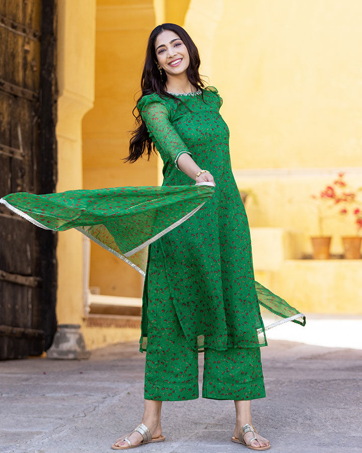 Trendy Green Chiffon Akila Chiffon Suit Set