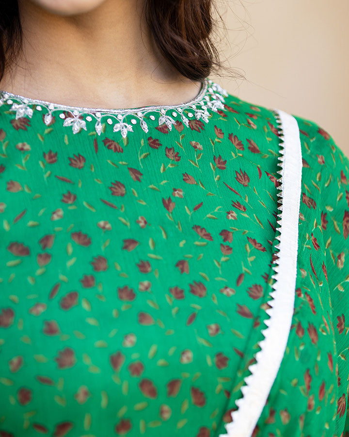 Green Chiffon Akila Chiffon Suit Set, Close Up View