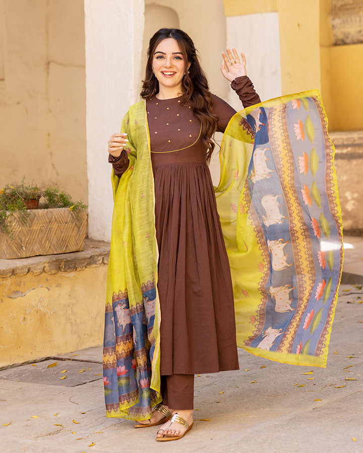 Brown Kalamkari Chhap Suit Set