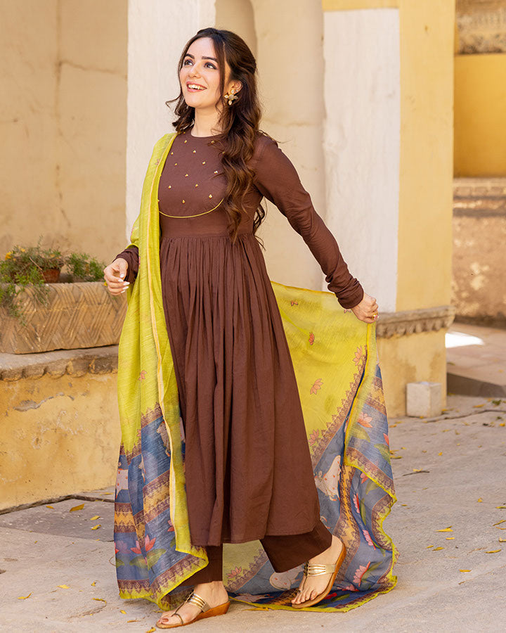 Brown Kalamkari Chhap Suit Set