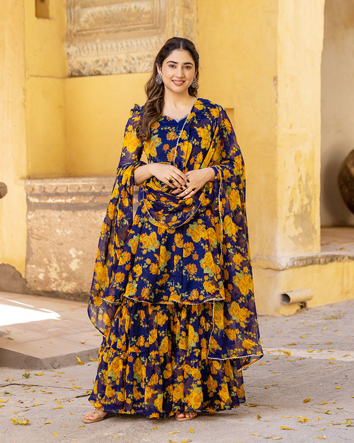 Blue Bloom Chiffon Sharara Set