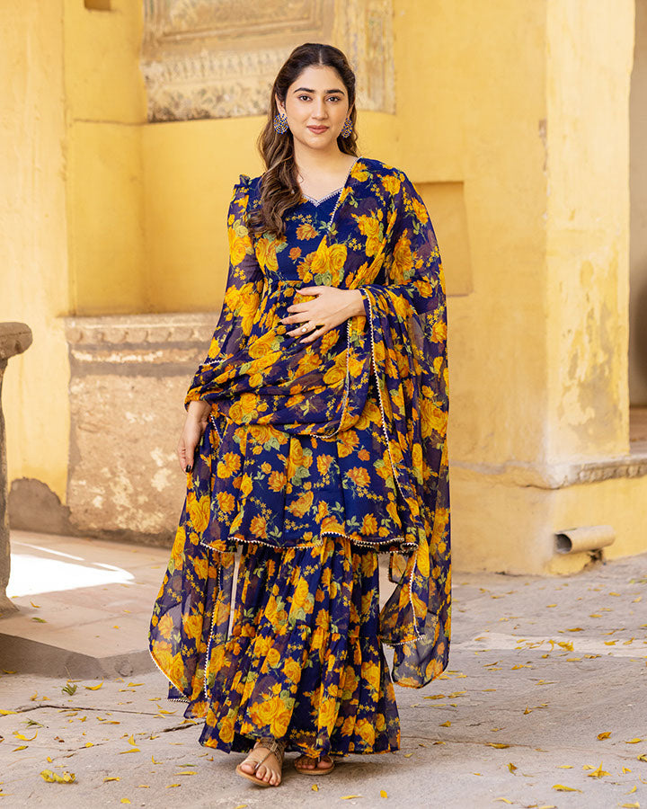 Blue Bloom Chiffon Sharara Set