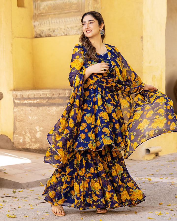 Blue Bloom Chiffon Sharara Set