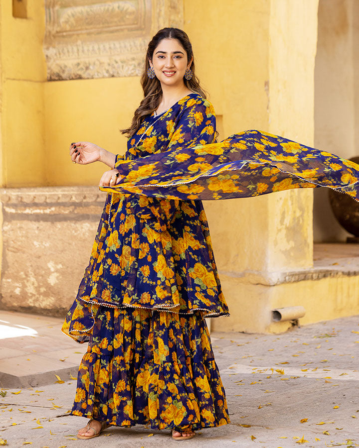 Blue Bloom Chiffon Sharara Set