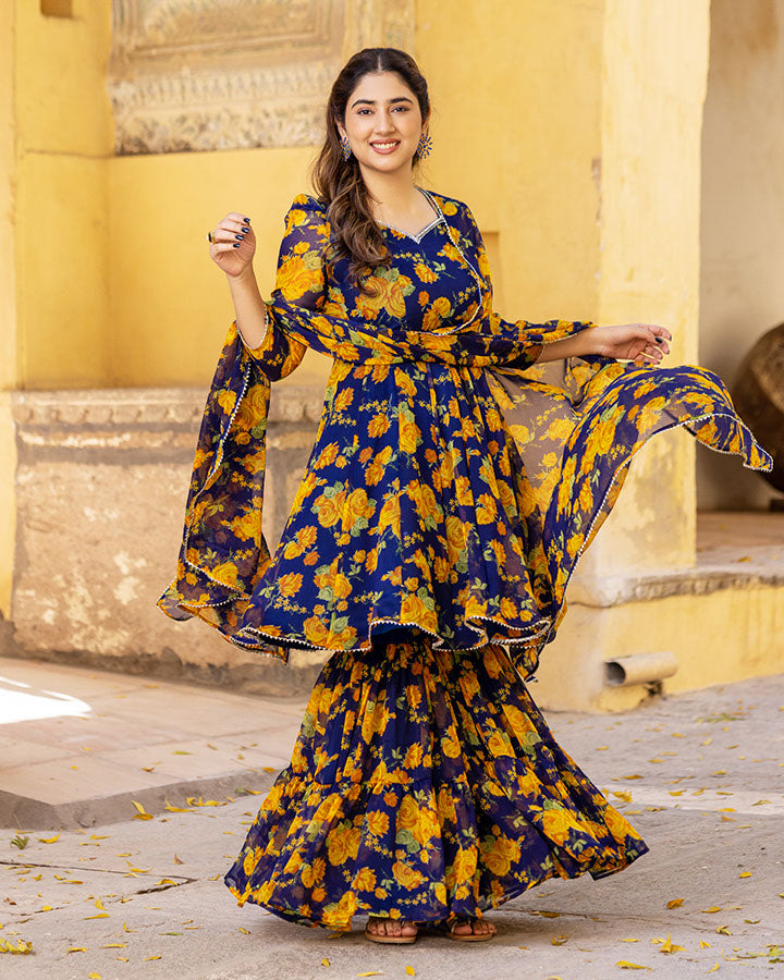 Blue Bloom Chiffon Sharara Set