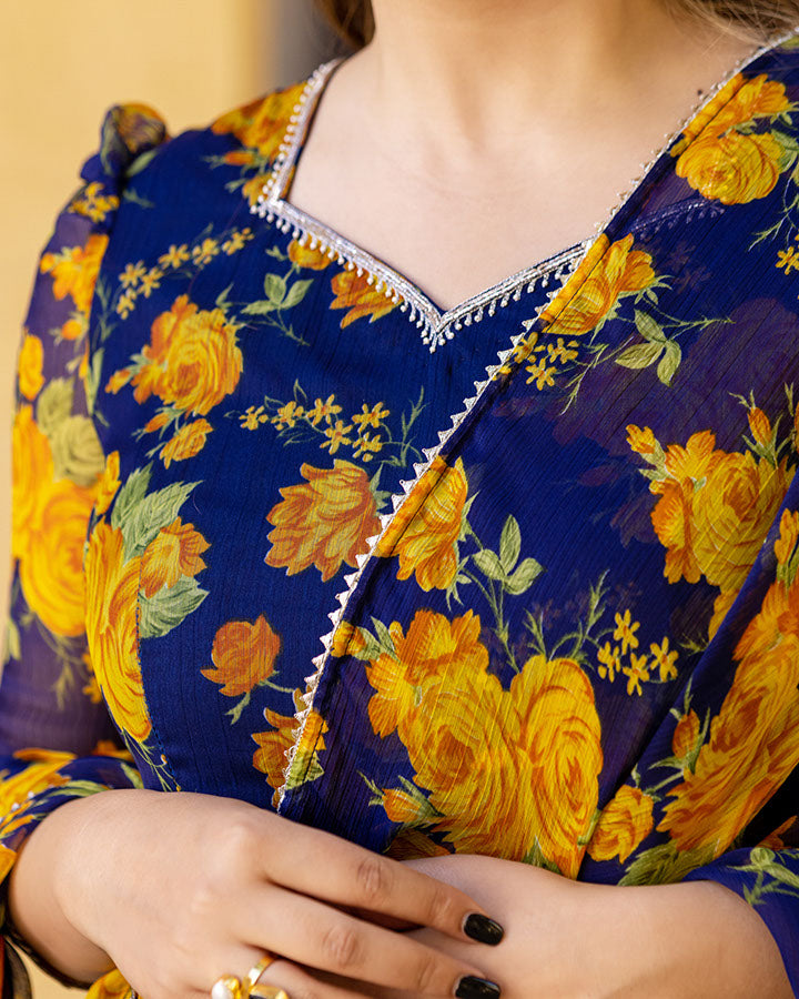 Blue Bloom Chiffon Sharara Set