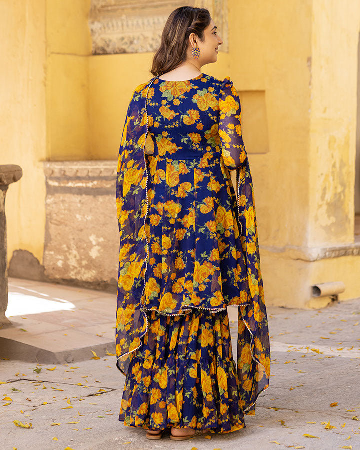 Blue Bloom Chiffon Sharara Set