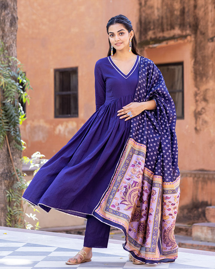 Purple cotton suit with azure Kalmkari embroidery
