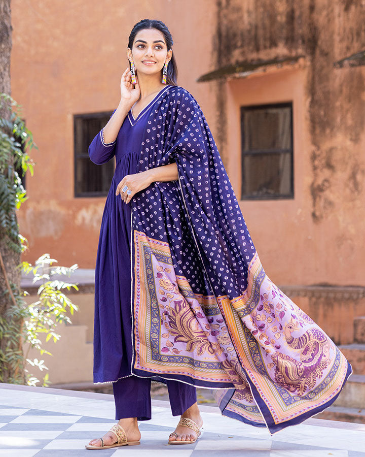 Stylish purple suit set with azure Kalmkari patterns