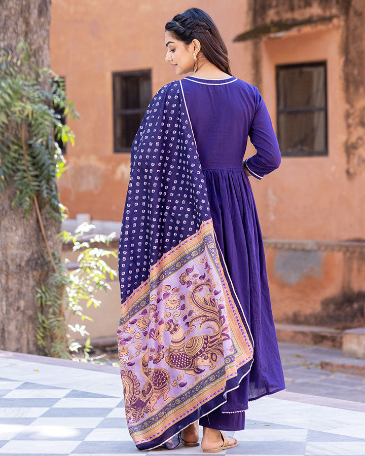 Elegant Kalmkari suit set in purple and azure