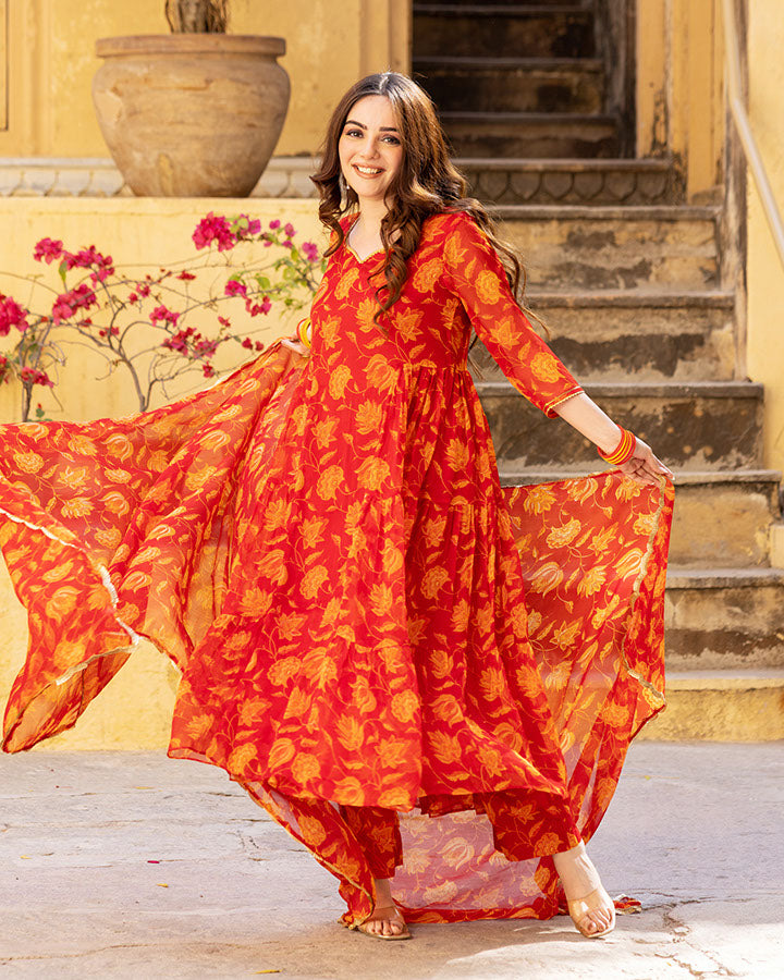 Red Floral Chiffon Suit Set
