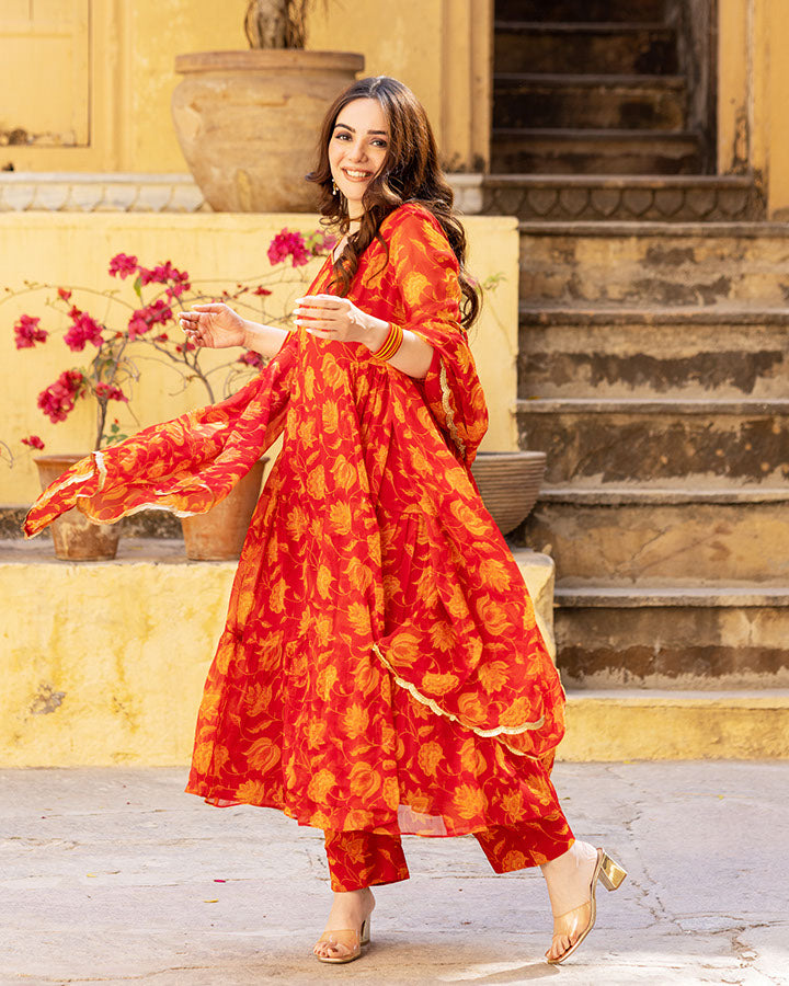 Red Floral Chiffon Suit Set