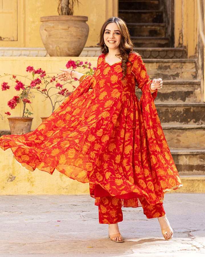 Red Floral Chiffon Suit Set
