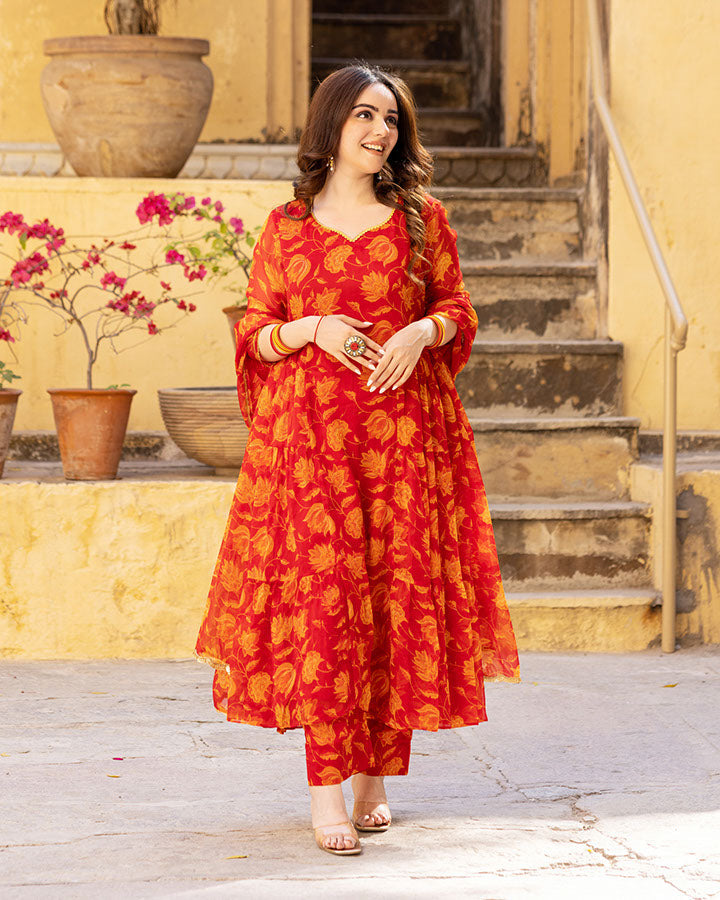 Red Floral Chiffon Suit Set