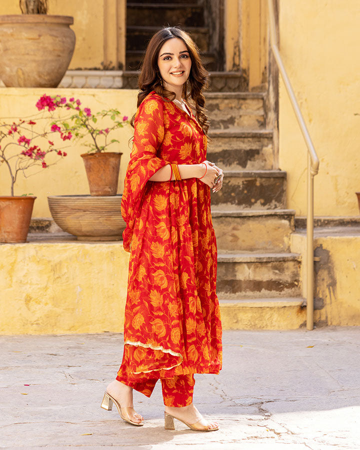 Red Floral Chiffon Suit Set