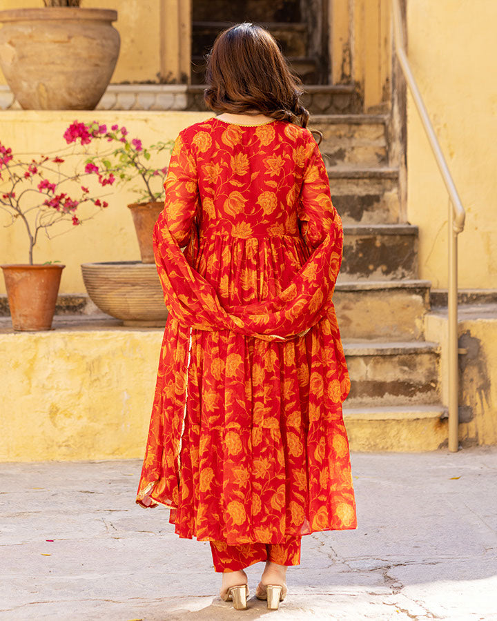 Red Floral Chiffon Suit Set