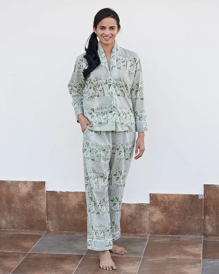 Green Doodle Print Night Suit