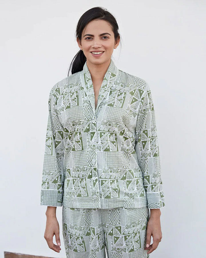 Green Doodle Print Night Suit