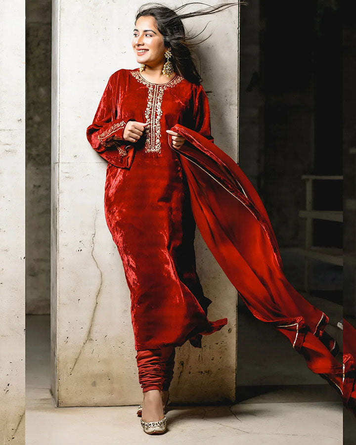 Velvet Womens Red Suit Set Henna Velvet Suit Set - Main Image