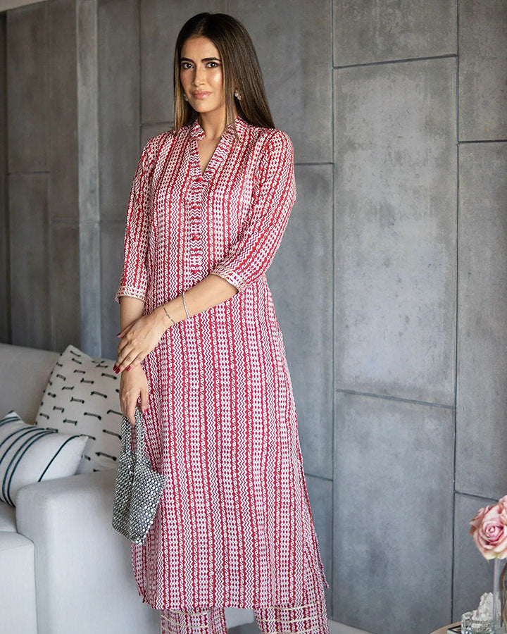 Red Muslin Tribal Print Kurta Set