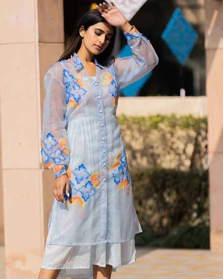 Blue Organza Hand-Painted Shirt Dress