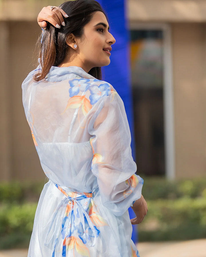 Blue Organza Hand-Painted Shirt Dress