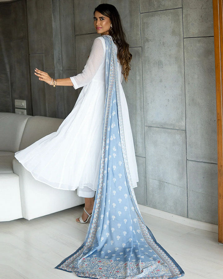 Angrakha suit ensemble in white Kota Doria