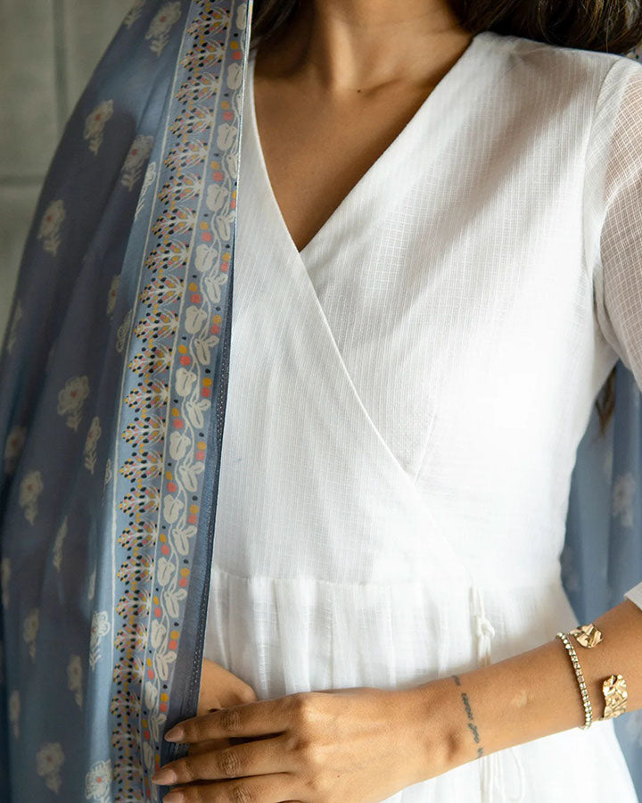 Angrakha-style suit ensemble in white Kota Doria fabric