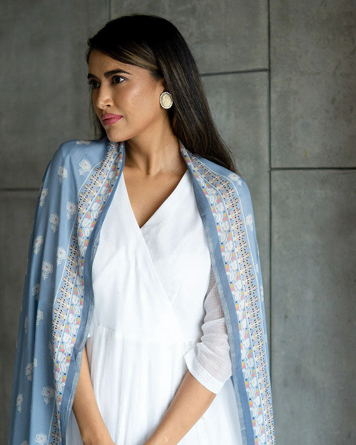 Angrakha suit set adorned with white Kota Doria weave