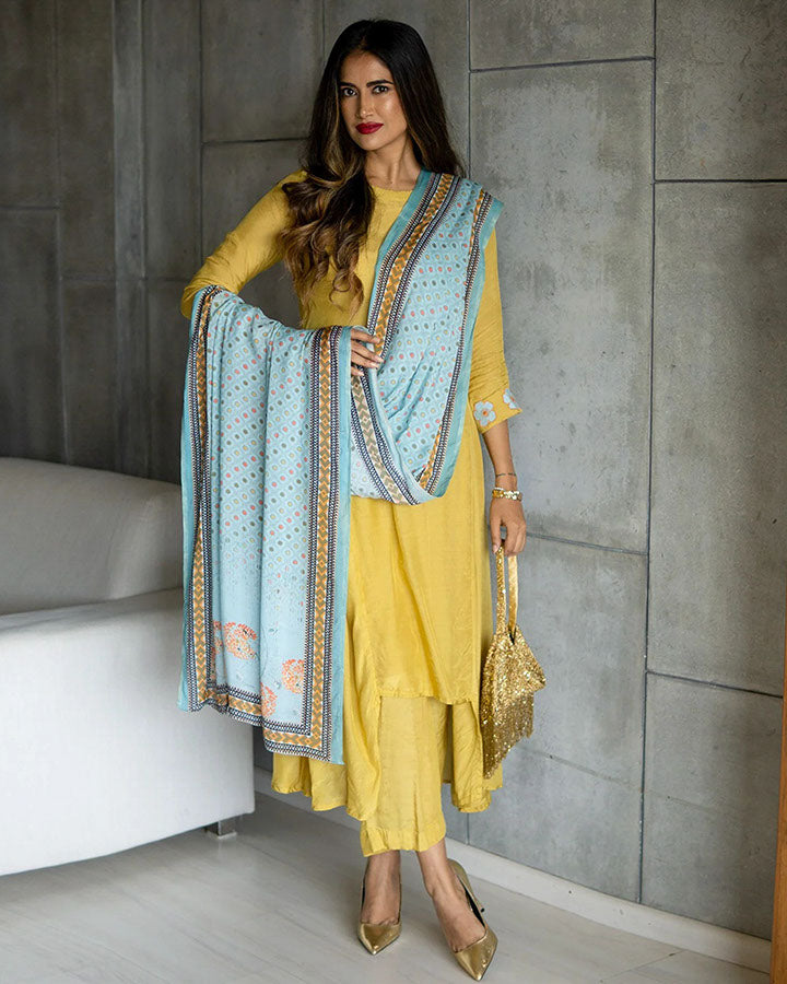 Mustard Muslin Patch Suit Set