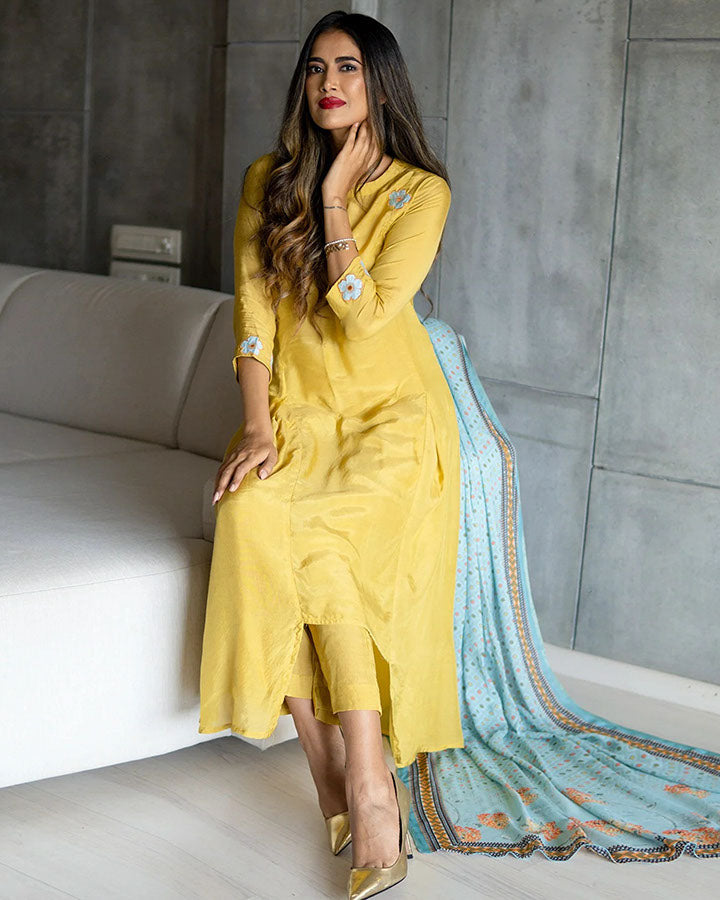 Mustard Muslin Patch Suit Set