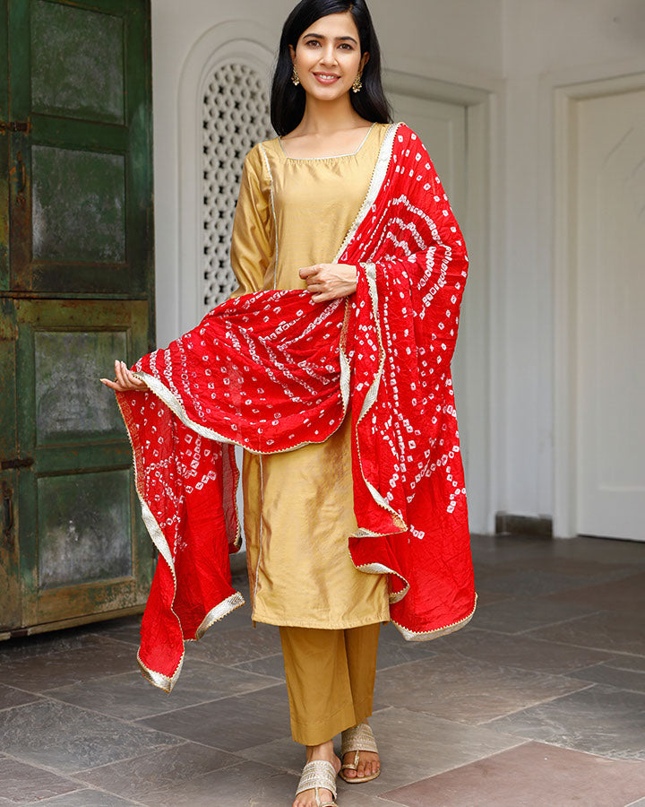 Chanderi Suit With Red Dupatta