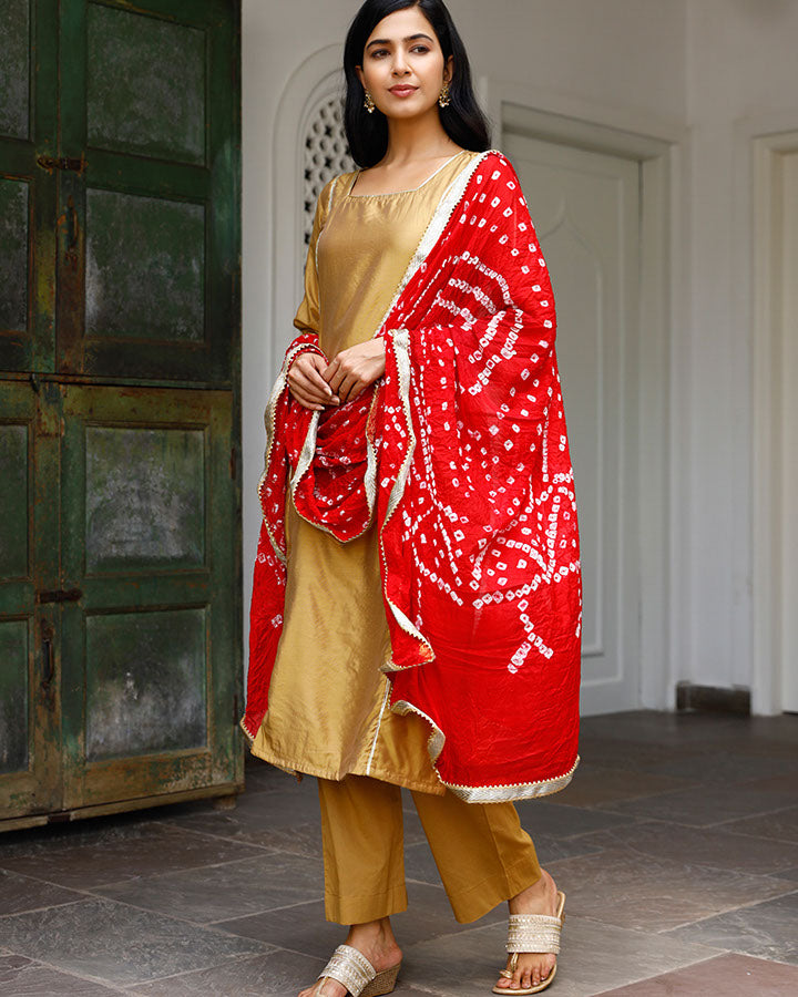 Chanderi Suit With Red Dupatta