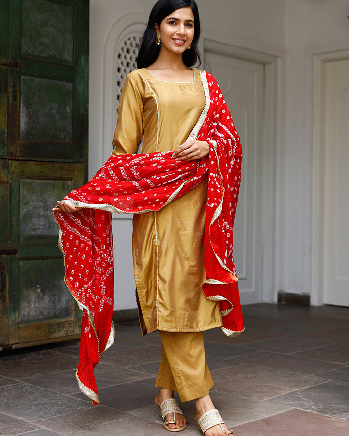 Chanderi Suit With Red Dupatta