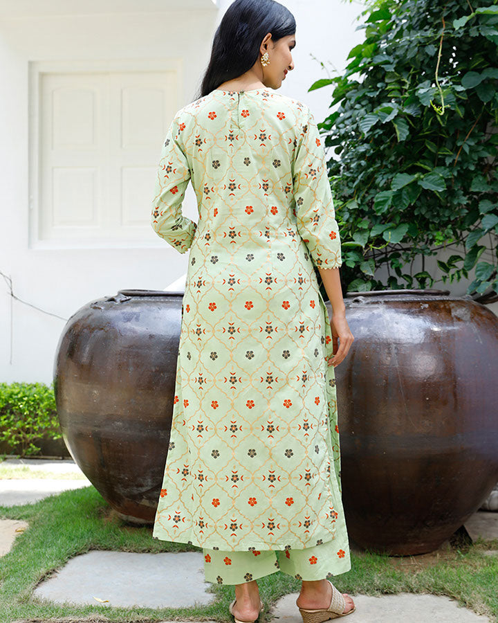 Green Gold Foil Kurta Set
