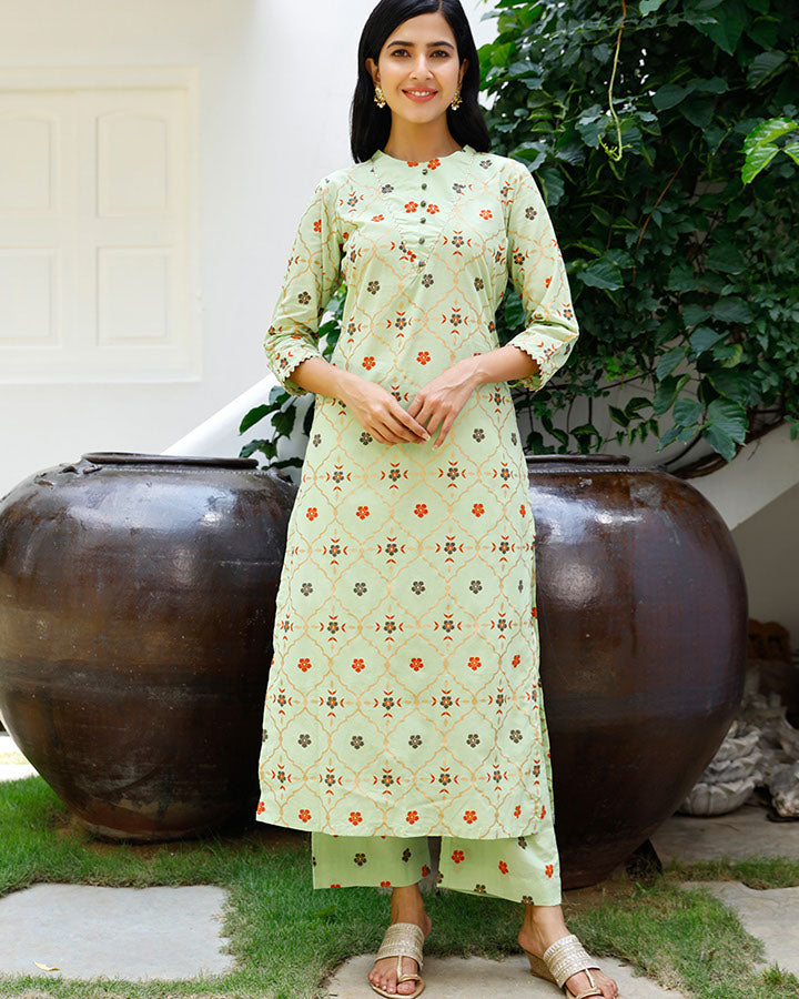 Green Gold Foil Kurta Set