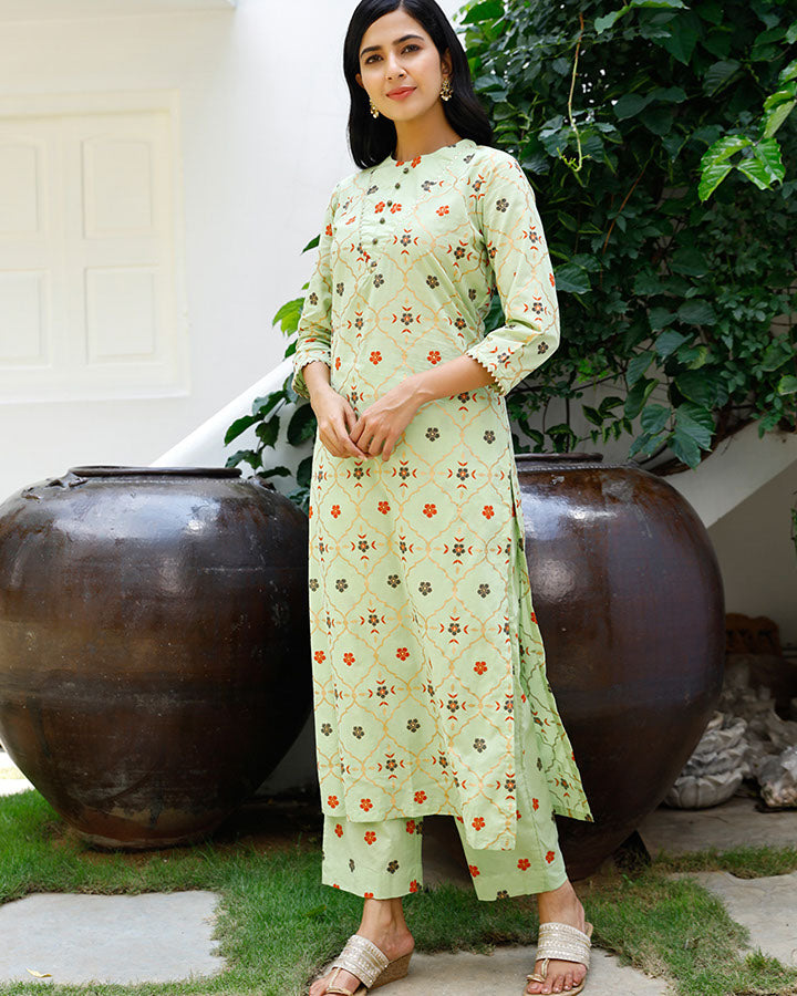 GREEN GOLD FOIL KURTA SET