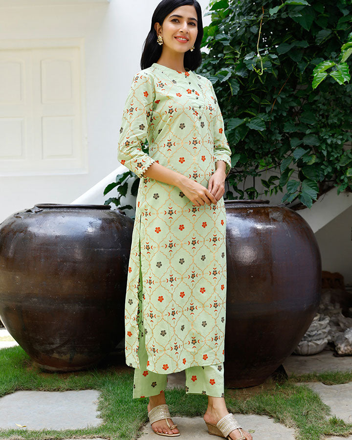 Green Gold Foil Kurta Set