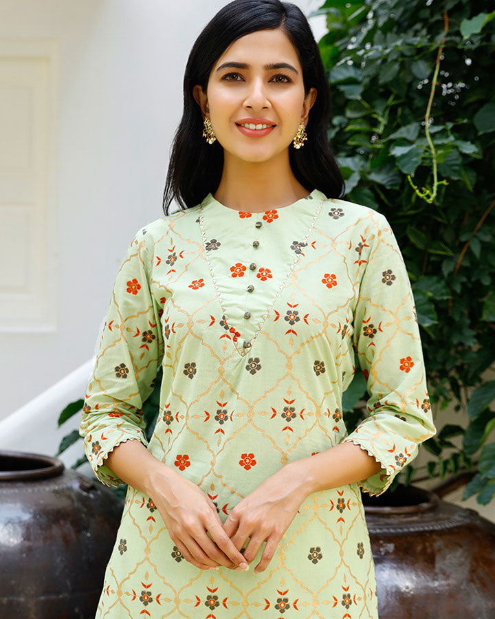 Green Gold Foil Kurta Set