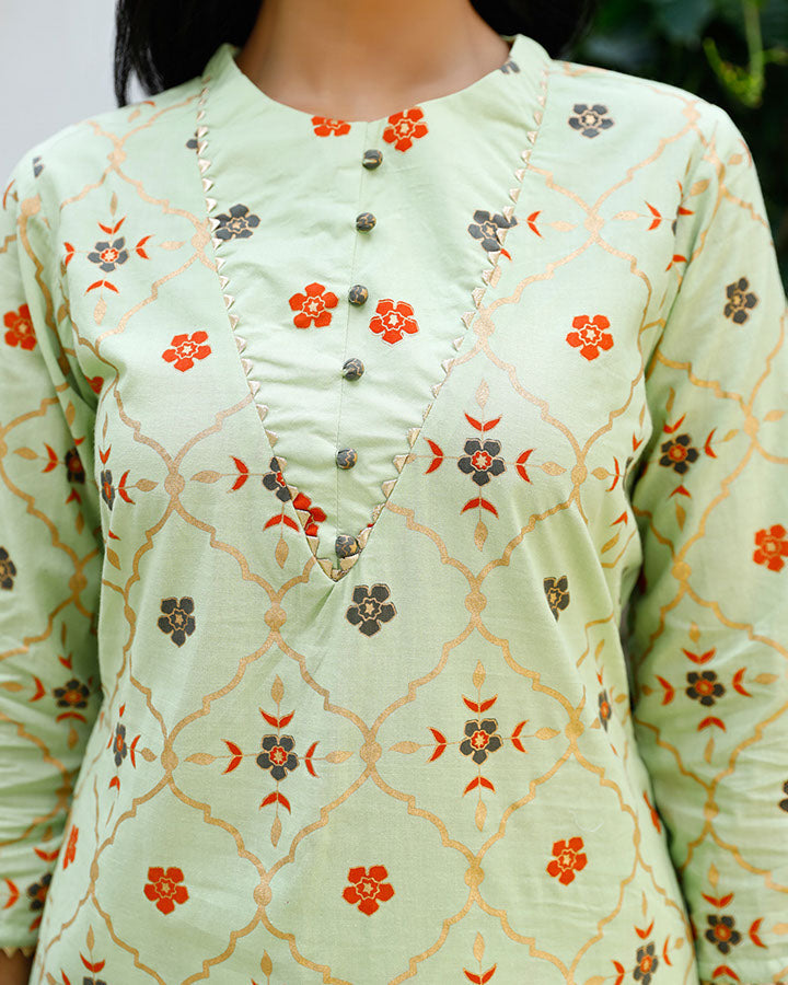 Green Gold Foil Kurta Set