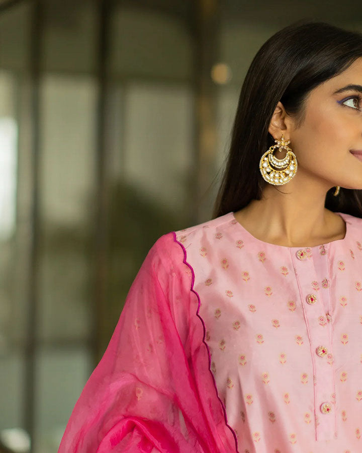 Pink Printed Chanderi Suit Set